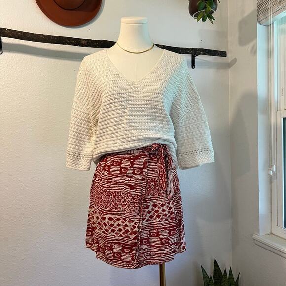 Vintage 90s Red & White Boho Indie Wrap Style Beach Summer Mini Skirt Size Small - Picture 2 of 10